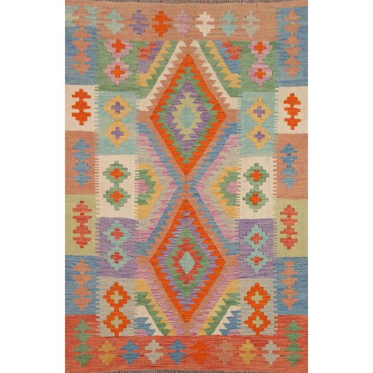 Geometric Multi-Color Kilim Area Rug Reversible Flat-weave Wool Carpet - 4'11" x 6'10"