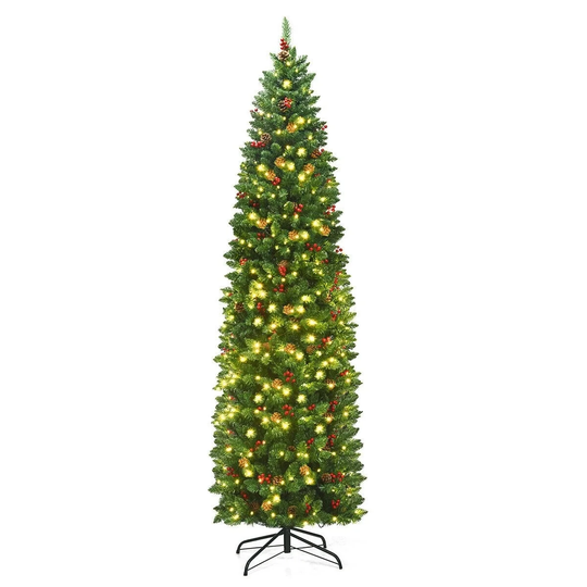 7.5 ft Pre-lit Hinged Pencil Christmas Tree with Pine Cones Red Berries - 2.3' x 7.5' (Dia x H)