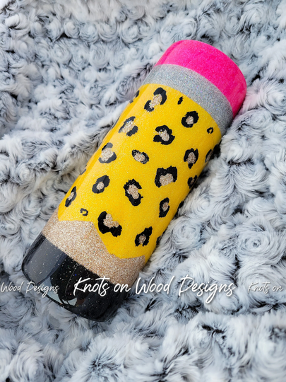 Pencil Leopard Print Design Glitter Tumbler | Personalized Custom Epoxy Cup End Of Year Gift For Teacher Back To School