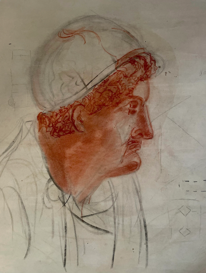 1890S French Colored Pencil Drawing On Paper. Study Of Ancient Roman Man. Sanguine Pencil