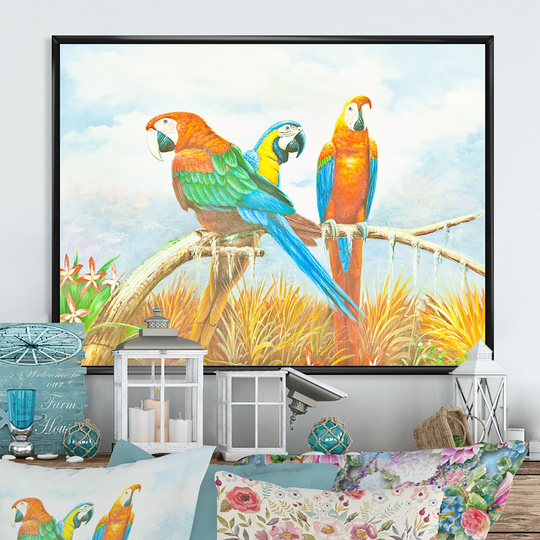 Designart 'Colorful Macaw Parrot Painting' Farmhouse Framed Canvas Wall Art