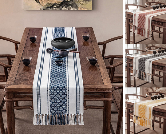 Diamond Stitched Cotton Blend Table Runner With Tassels, 14"W X 71"L Topper For Home Décor - 4 Colors Available