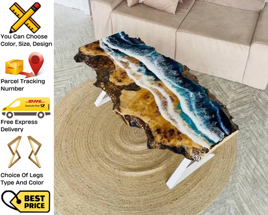 Epoxy Ocean Wave Coffee Table, Custom Resin Edge Rectangle Table Gift, Glow Art, Customizable Modern