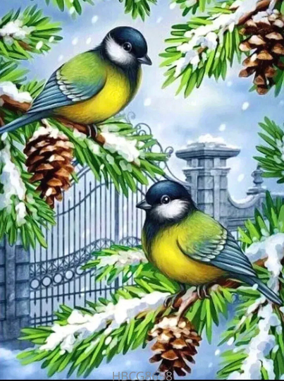 Us Seller. 30x40cm Winter Birds, Snow, Pine Cones, Diamond Painting Art Kit. Round Drills, Full Drill