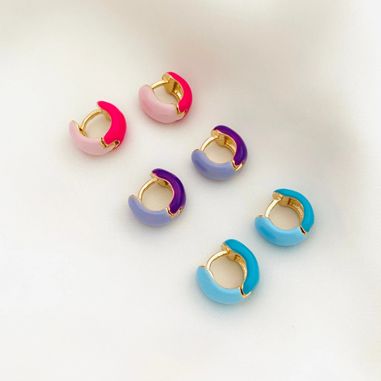 Colorful Enamel Huggies, Neon Huggie Hoops, Multicolor Earrings, Small Two-Tone Chunky Summer Jewelry