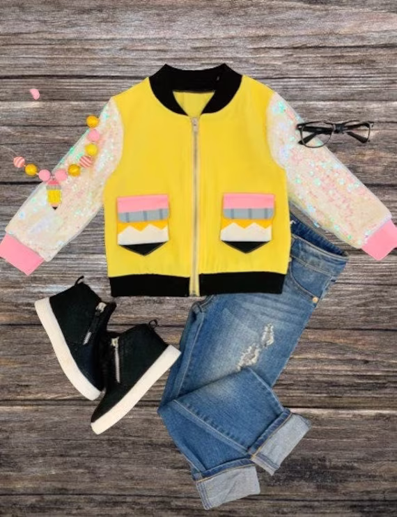 Back To School Jacket, Toddler Girl Yellow Pencil Outfit, Summer Spring, Theme, Kindergarten, 1st Grade