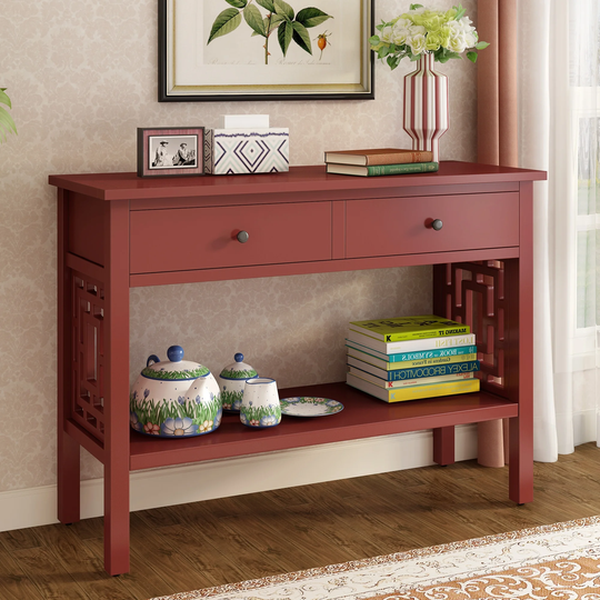 Simple Exquisite 41" Retro Solid Wood Sofa Table with 2 Drawers & 1 Open Shelf, Console Table for Living Room Bedroom