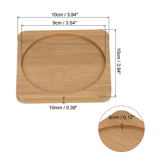 Plant Pot Saucer, 6 Pack 10cm Bamboo Square Round Flower Drip Tray - Natural Wooden Color