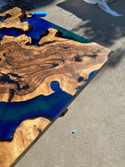 Live Edge Table, Custom 80" X 46" Walnut Blue, Turquoise, Green Epoxy River Dining Order For Yuan Z