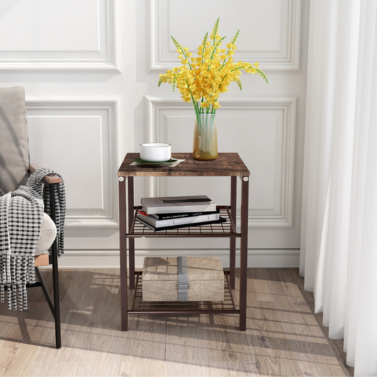3 Tier End Table,Side Table Nightstand Storage Shelf For Bedroom,Kitchen,Living Room And Office, Stable Metal Frame,Wood Top