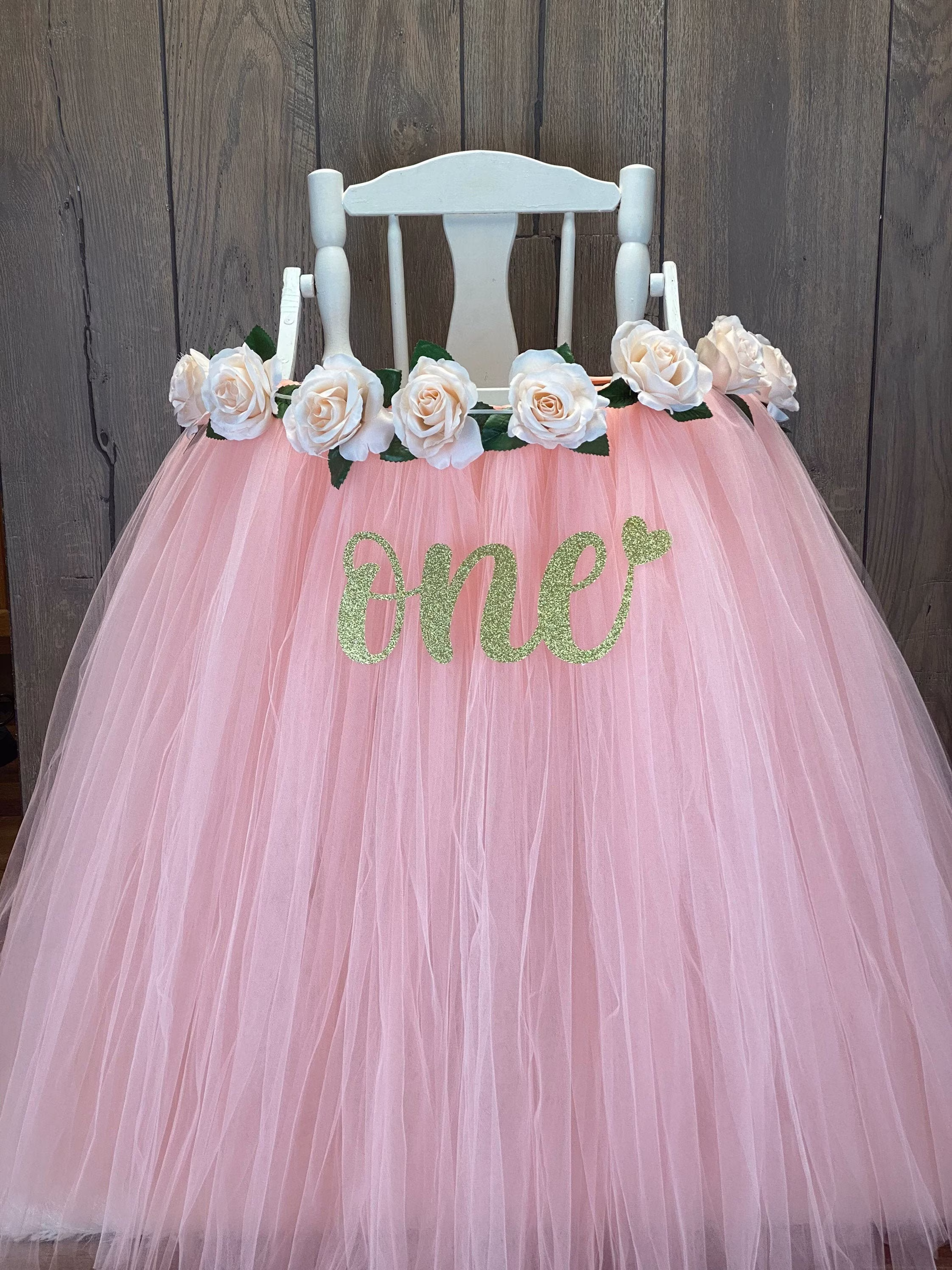 Blush High Chair Tutu, Rose Highchair Banner Skirt, Girls First Birthday Tulle Cover, Smash Cake Party Decor, Turning One Year