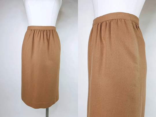 Vintage 70S-80S Light Brown Khaki Wool Blend High Waisted Pencil Skirt By Evan Picone Xs 22" Waist USA | Tan, Camel, Business, Petite, Work