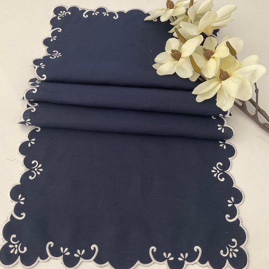 Modern Embroidered Table Linen, Navy Blue Runner, White Hausewarming Gift, Handmade Set Linen Runner