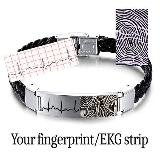 Men's Monogrammed Leather Personalized Finger Print Bracelet.dad Gift. Ekg Strip Engraving. Mens Fingerprint Bracelet. Fathers Day