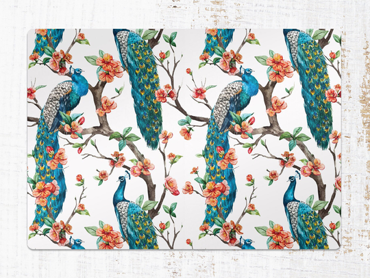 Peacock in Blossoms Chair Mat, Blue Vinyl Floor Red Protective Birds Splat Office Decor, Room Rug, Gift Idea