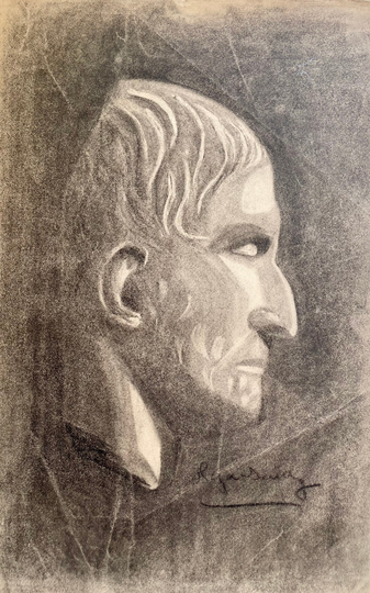 1920S French Antique Pencil Drawing On Paper. Portrait Of Ancient Roman Man