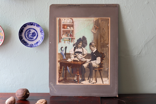 Antique 1902 Swiss Hand Colored Family Photo Depicting Two Children Playing, Made in Lucerne By Antiquarian Photographer Caspar Hirsbrunner
