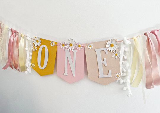 Daisy One High Chair Banner - One Groovy Birthday Banner. Flower Power Decorations. Woodstock Floral First