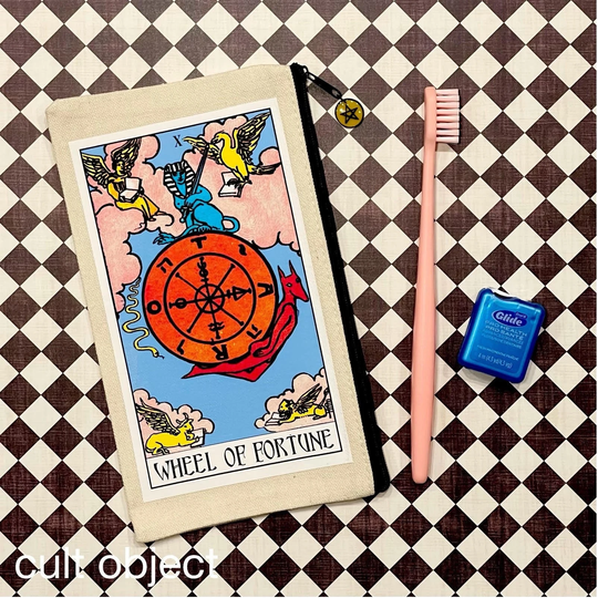 Tarot Card Wheel Of Fortune Cotton Blend Canvas 4 1/2" X 8" Zipper Pencil Pouch Makeup Cosmetic Travel Bag Rider-Waite