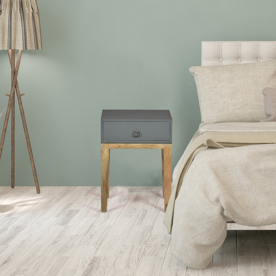 Bedside Table| 1 Drawer| Akashia Babool Wood| Grey/Natural| Solid Wood| Mango Residential Use| Wood Slide| Toothpick Legs 18x15x24