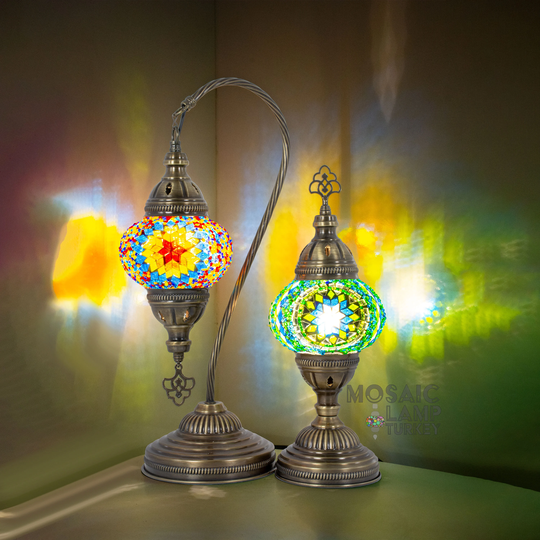 Set Of 2 Turkish Mosaic Table Lamp, Stained Glass Globe Bedside Desk Lights