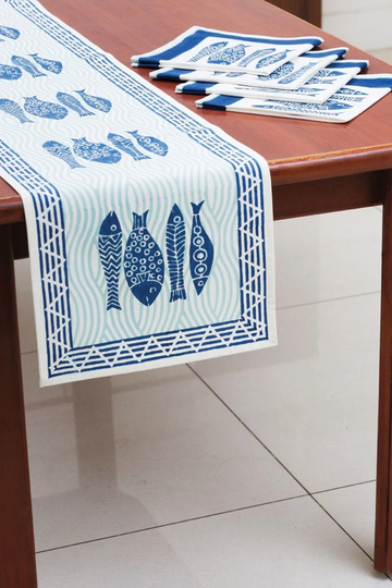 Indigo Fish Block Print Table Runner