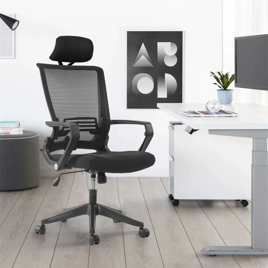 Nylon Mesh Office Chair with Fixed Arms and Headrest