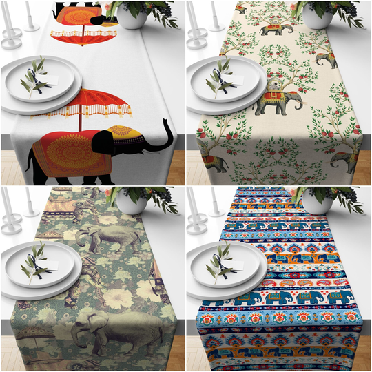 Elephant Table Runner|Floral Riding Top|Elephant With Umbrella Tablecloth|Black Ethnic Pattern Runner