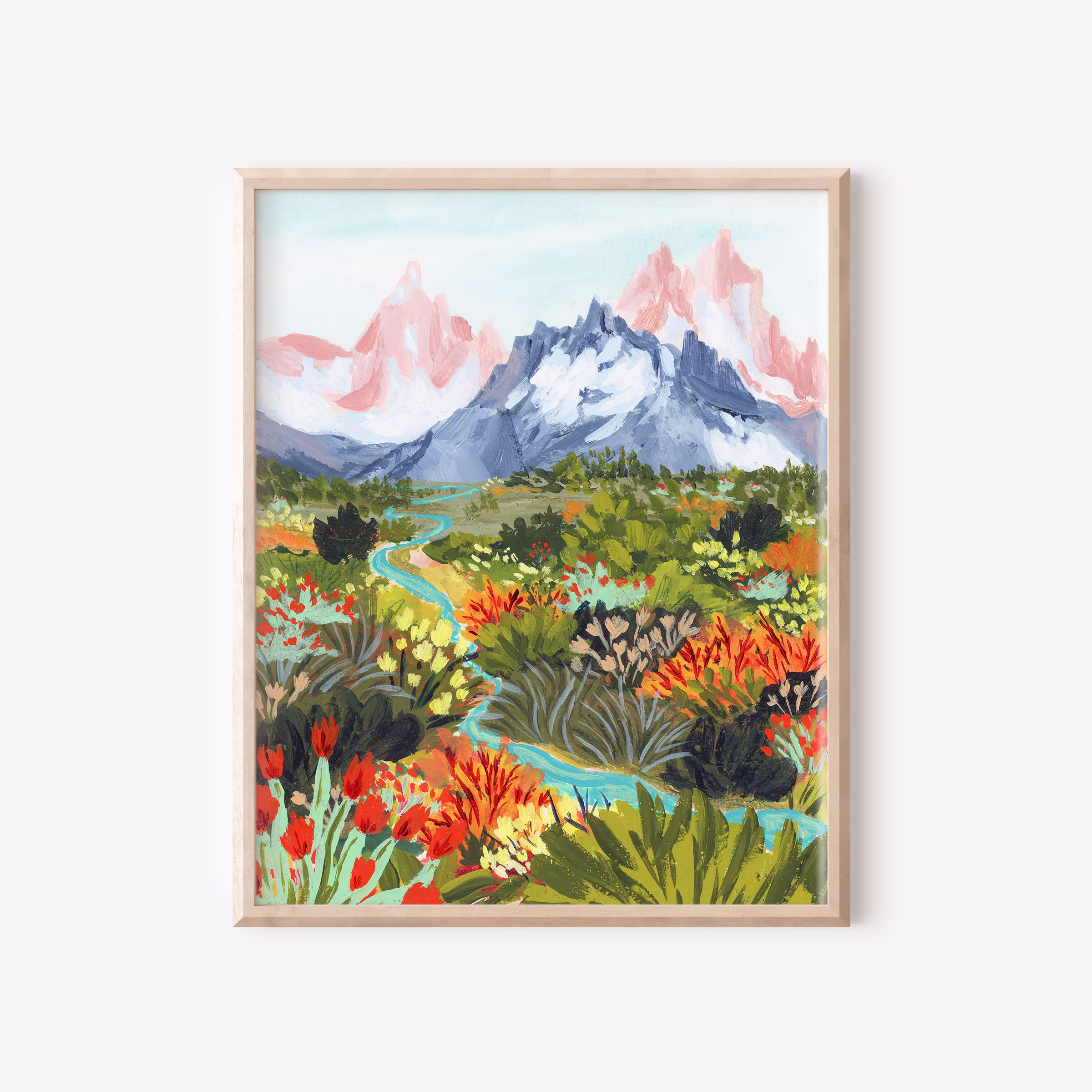 Autumn Mountains, Fall Colors Art, Colorful Travel Mountain Illustration, River Painting, Foliage