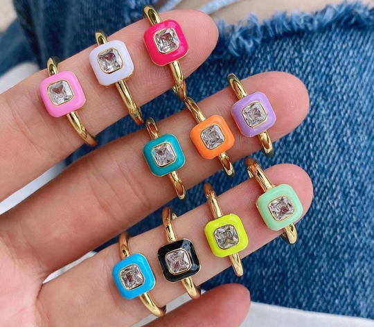 5-10Pcs, New Neon Color Drip Oil Enamel Square Zircon Open Adjustable Copper Rings Party Fashion Jewelry For Women Lady