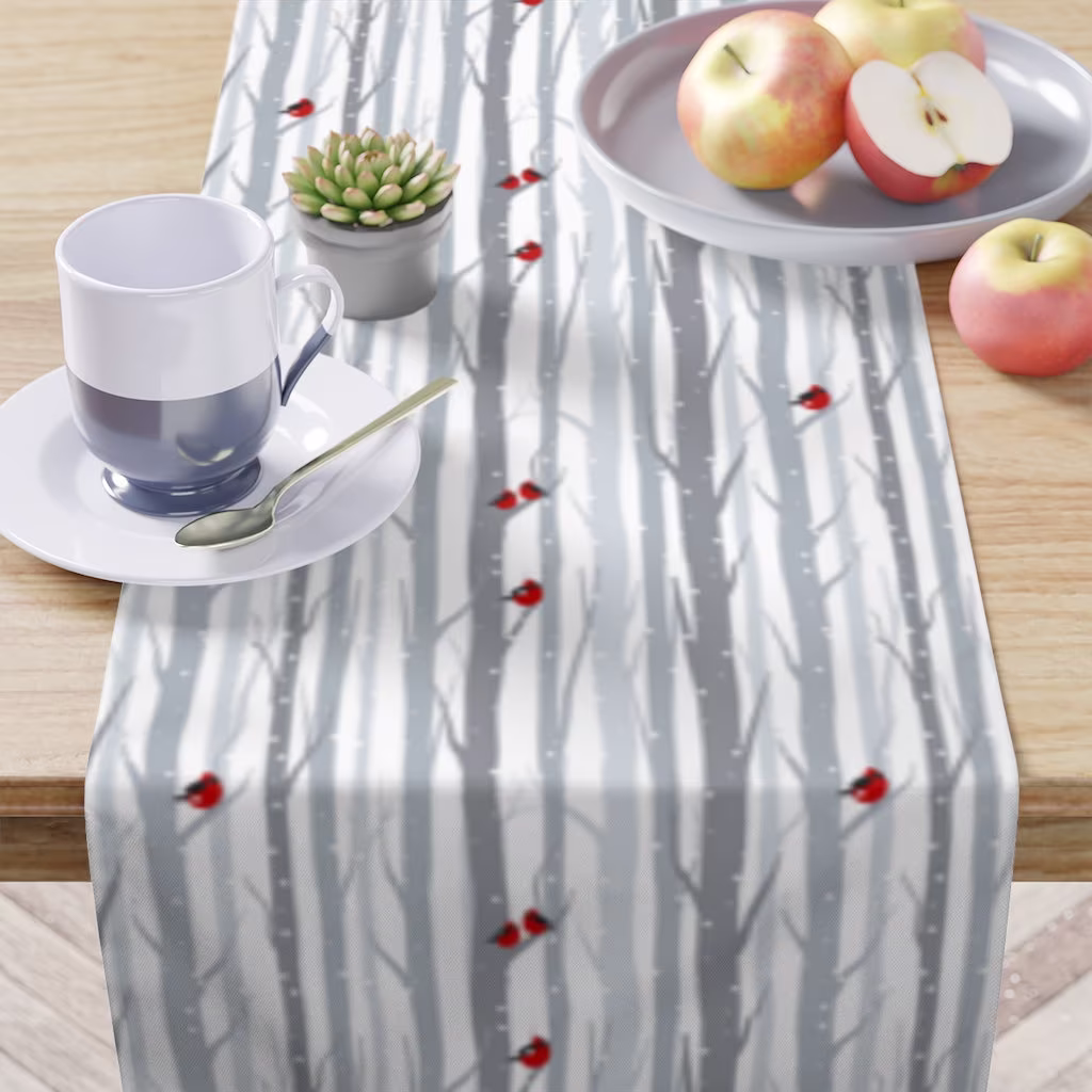 Gray Table Runner, Bird Winter Birds On Birch Trees, Grey Holiday Decor 16"x 90" In