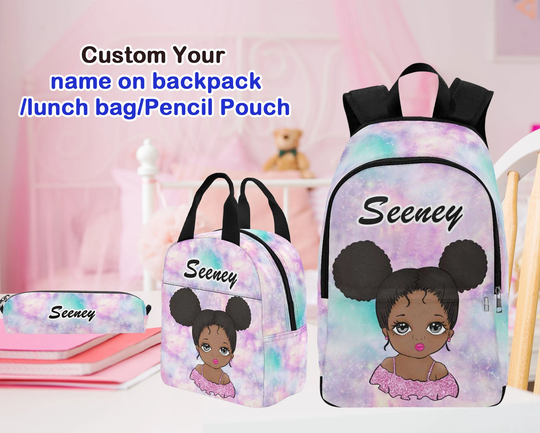 Custom Girls Backpack, Custom Afro Girl Backpack, Lunch Bag, Pencil Case For Kids, Personalized Black Girl Magic Backpack, Back To School Gift