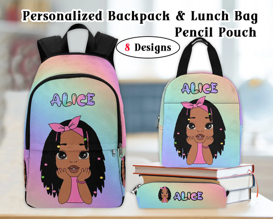 Custom Afro Girl Backpack, Custom Name Insulated Lunch Bag/Pencil Pouch, Personalized Backpack For Kids/Adults, Matching Backpack & Bag
