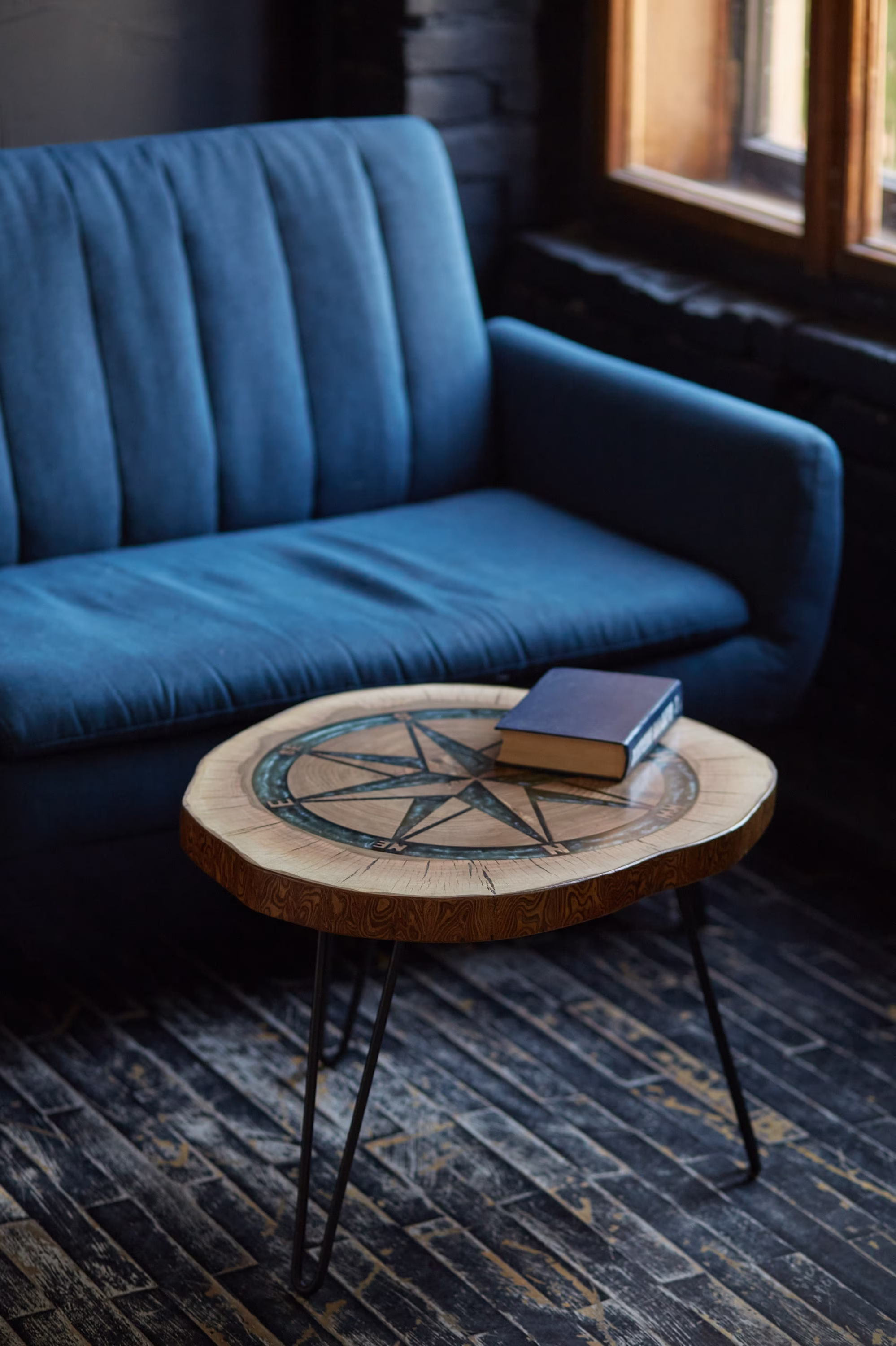 Round Coffee Table, Epoxy Wind Rose Wood Walnut Slab, Side Tables, Modern Mid Century Table