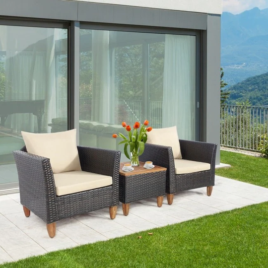 3 Pieces Patio Rattan Bistro Furniture Set with Wooden Table Top-Brown