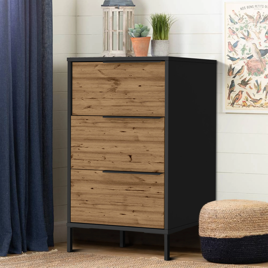 Wood and Metal Office Accent Storage Cabinet with 3 Drawers, Black and Brown