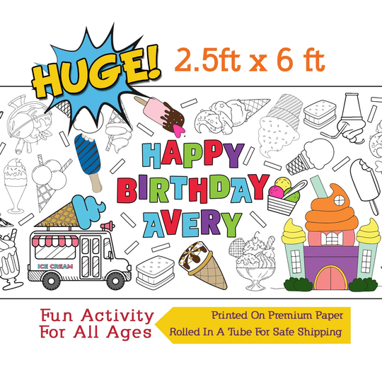 Personalized Ice Cream Party Coloring Banner, Birthday Paper Tablecloth, Activity - 30" X 72" Inches