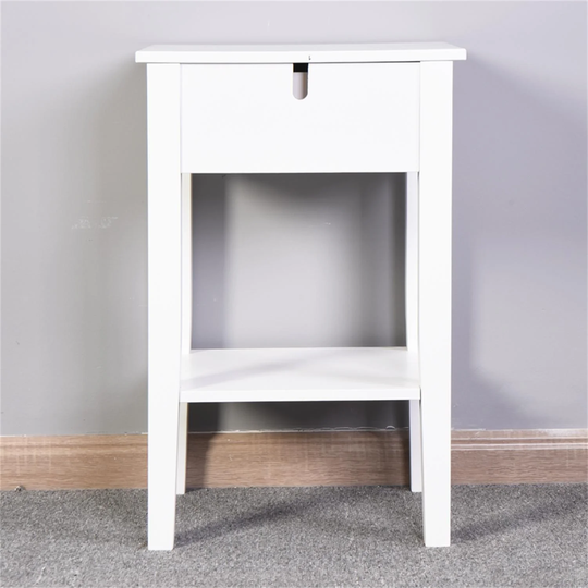 White Wooden End Table, Storage Table With A Drawer And An Open Shelf