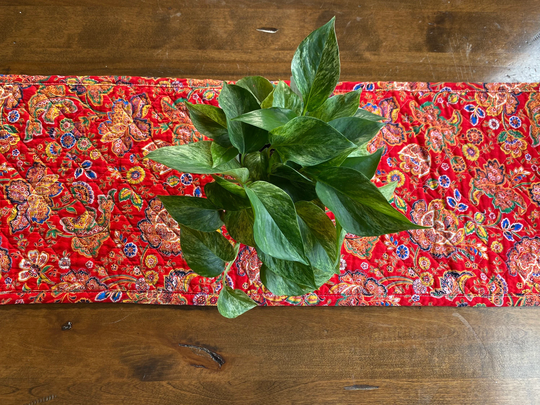 Long Vintage Quilted Flower Table Runner, Bohemian Decor, Red Topper