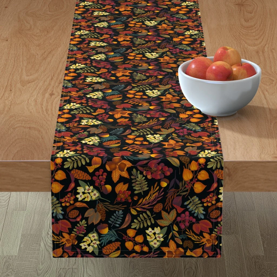 Autumn Foliage Table Runner - Hand Drawn November Swirl By Evy Design Yellow Red Brown Floral Cotton Sateen Spoonflower