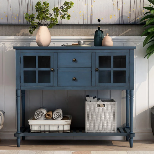 Sideboard Console Table with Bottom Shelf Wood/Glass Buffet Storage Cabinet Antique Navy
