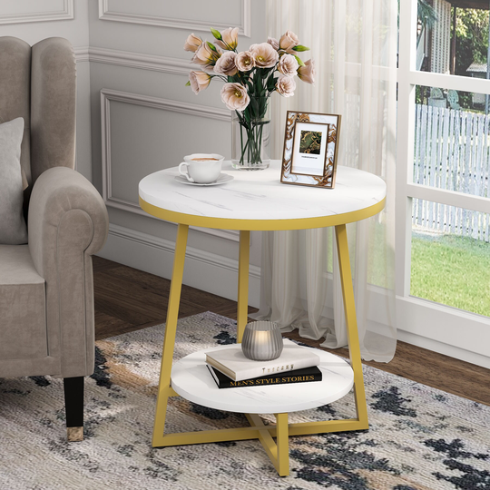Round End Table, 2 Tier Side Table Nightstand with Storage for Living Room