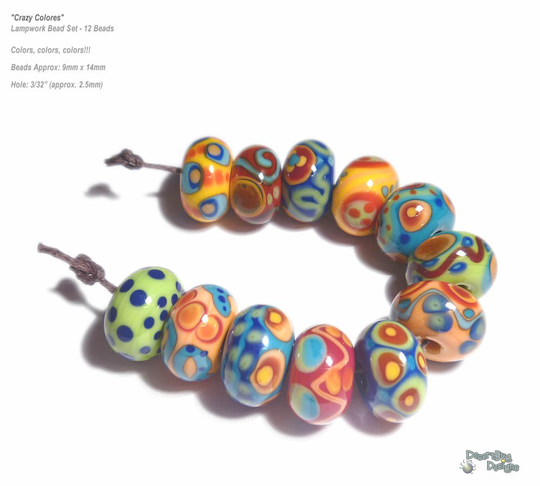 Crazy Colores Lampwork Beads Handmade Red Green Blue Yellow Bright Bold Colors Colors Set Of 12