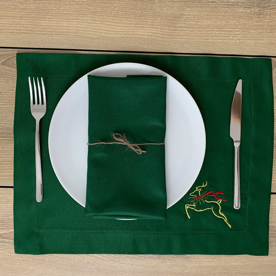 Green Christmas Placemat, Table Decor, Placemats Set Of 6, Deer Embroidery, Xmas Dinning Mat