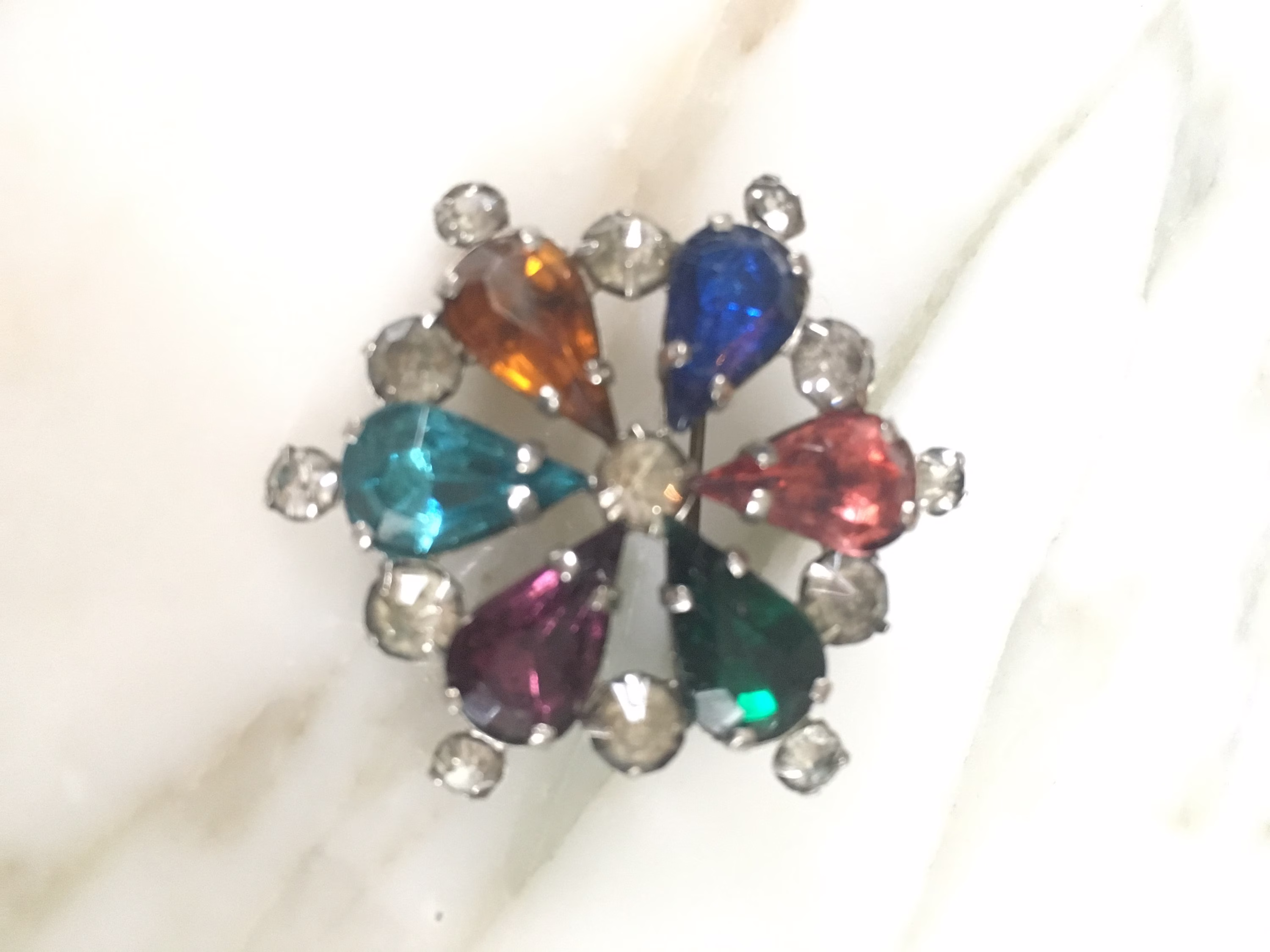 Multi Color Brooch, Czech Signed Brooch, Art Deco Jewel Tone Colors, Czechoslovakian Color, Silvertone