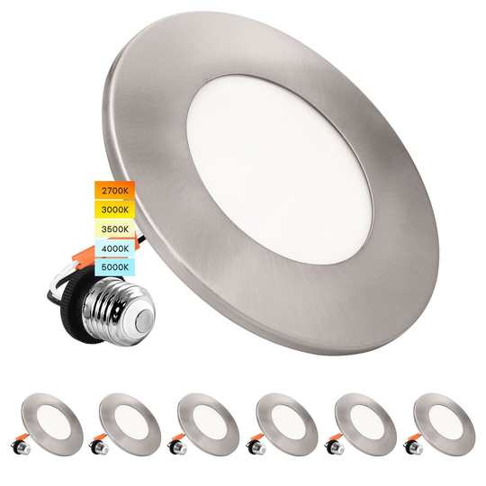 Luxrite 6-Pack 4" LED Recessed Light, 5 Color Selectable, Magnetic Trim, Dimmable, 500 LM, Wet Rated - Nickel
