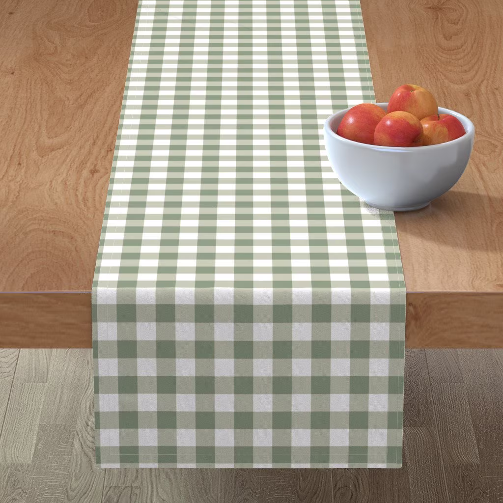 Traditional Plaid Table Runner - Green By Pipaluk Co Sage Eucalyptus White Geo Cotton Sateen Spoonflower