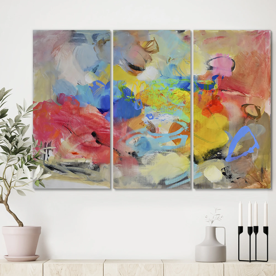 Designart 'Blue And Yellow Color Spatters III' Modern Gallery-wrapped Canvas - 36x28 - 3 Panels