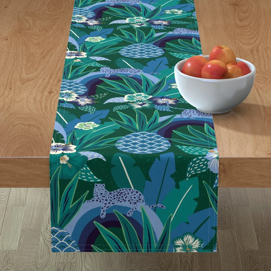 Moody Jungle Table Runner - Tropical Fantasy By Vivdesign Emerald Green Leopard Print Animalier Cotton Sateen Spoonflower