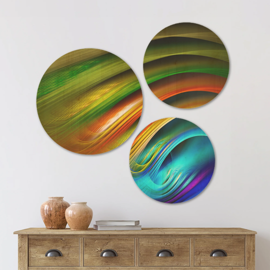 Designart 'Colorful Fractal Water Ripples' Abstract Wood Wall Art Set of 3 Circles - Multi-Color